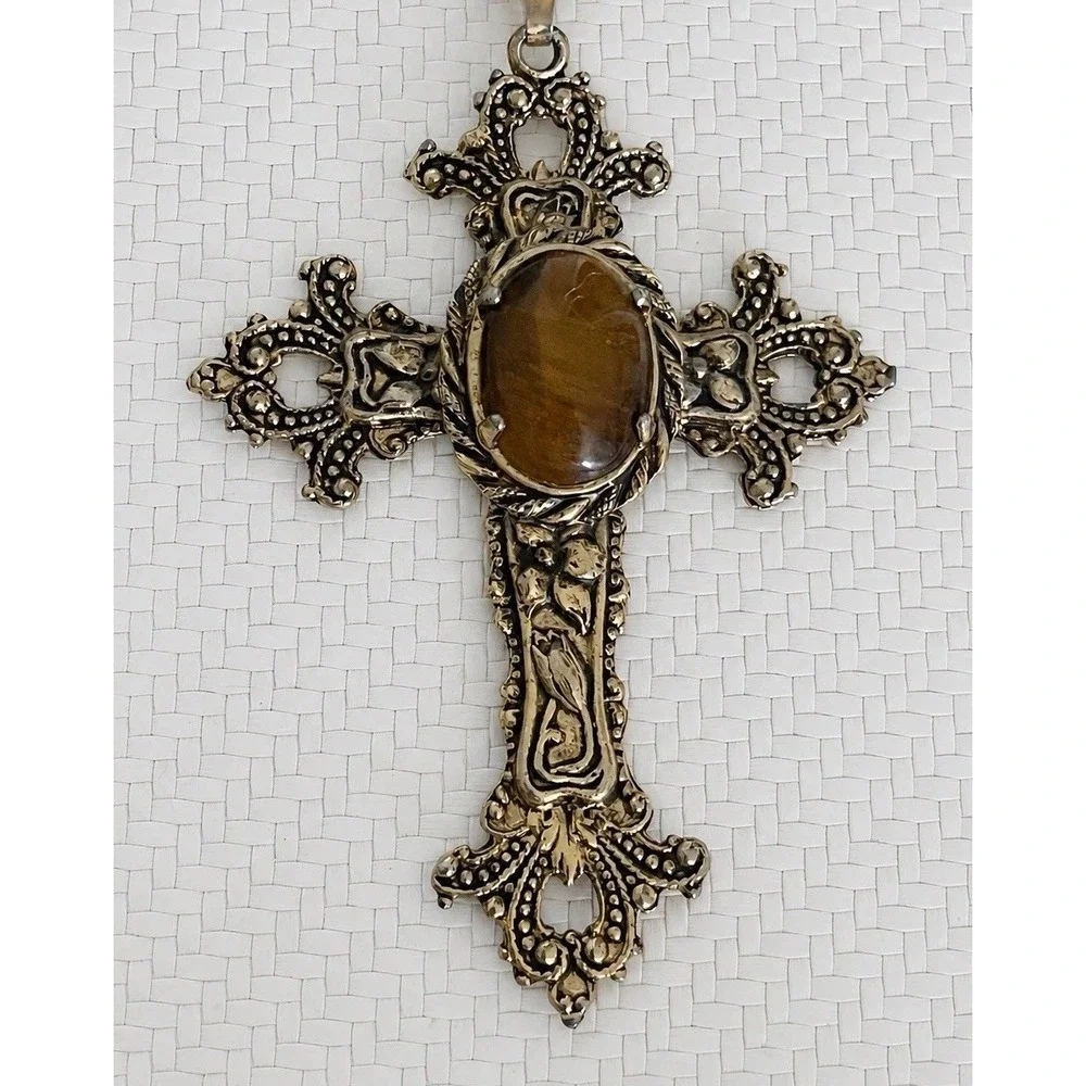 Vintage Ornate Tiger's Eye Cross Pendant Necklace Gold Tone Victorian 24